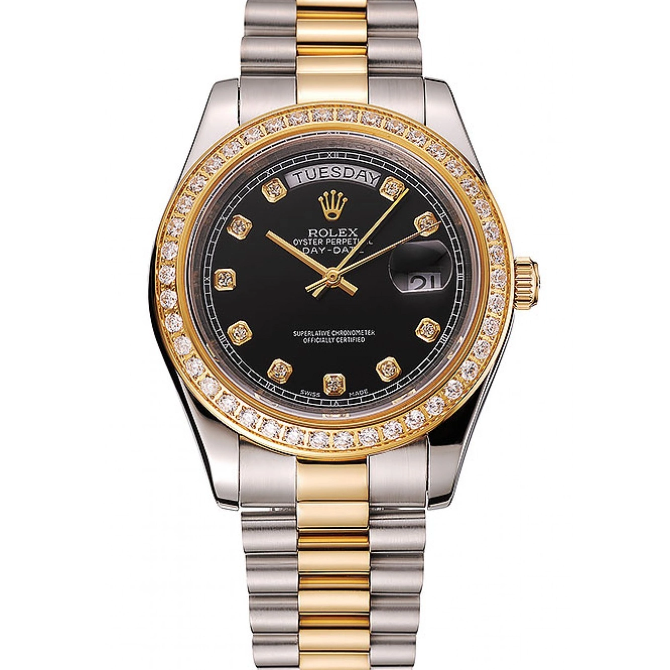 Good copy rolex watches Steel Case Dial Black Two Tone Gold Rolex 1453975 Bracelet Stainless Diamond Swiss Day-Date 0716